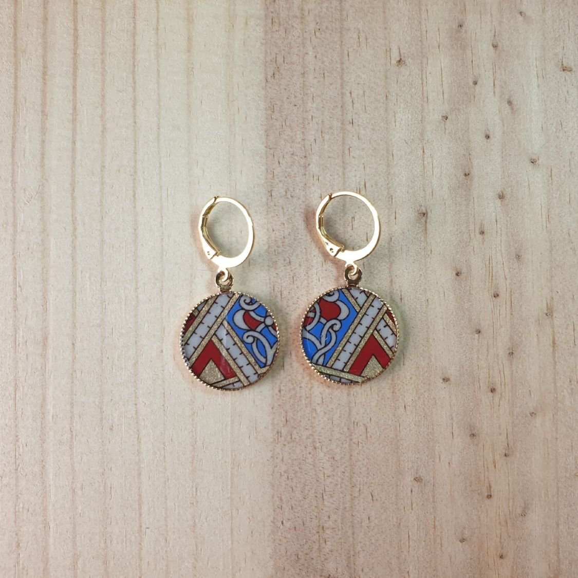 Gouden/rode/blauwe hanger oorbellen