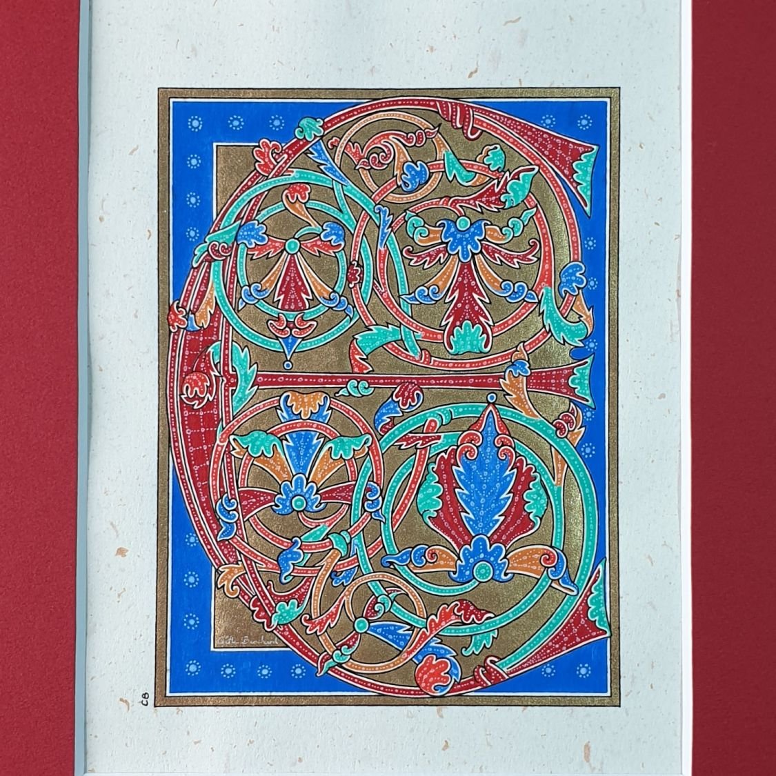 Verlichte letter E in vroeg-gotische stijl