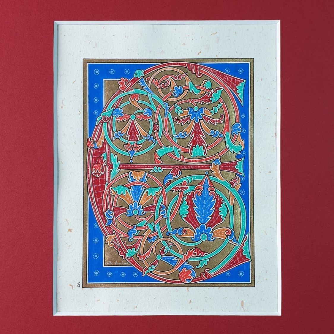 Verlichte letter E in vroeg-gotische stijl
