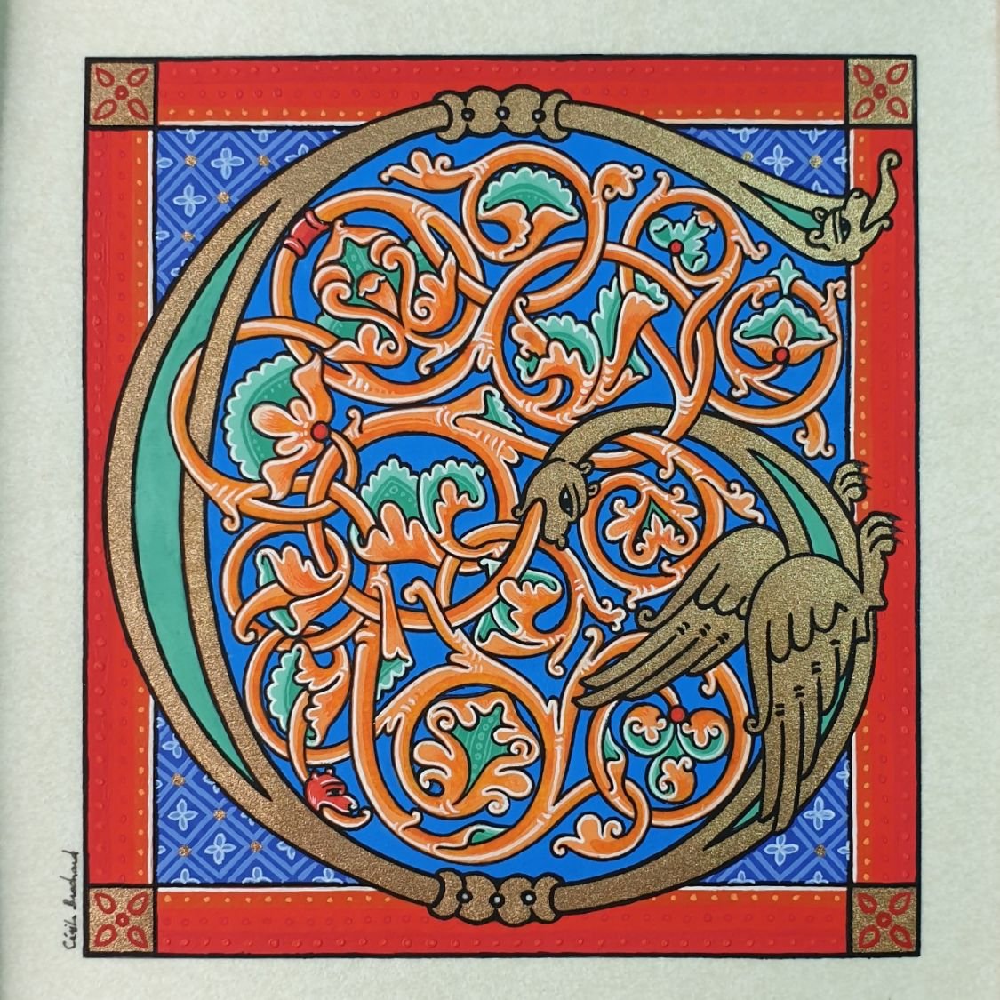 Verlichte letter G in Romaanse stijl