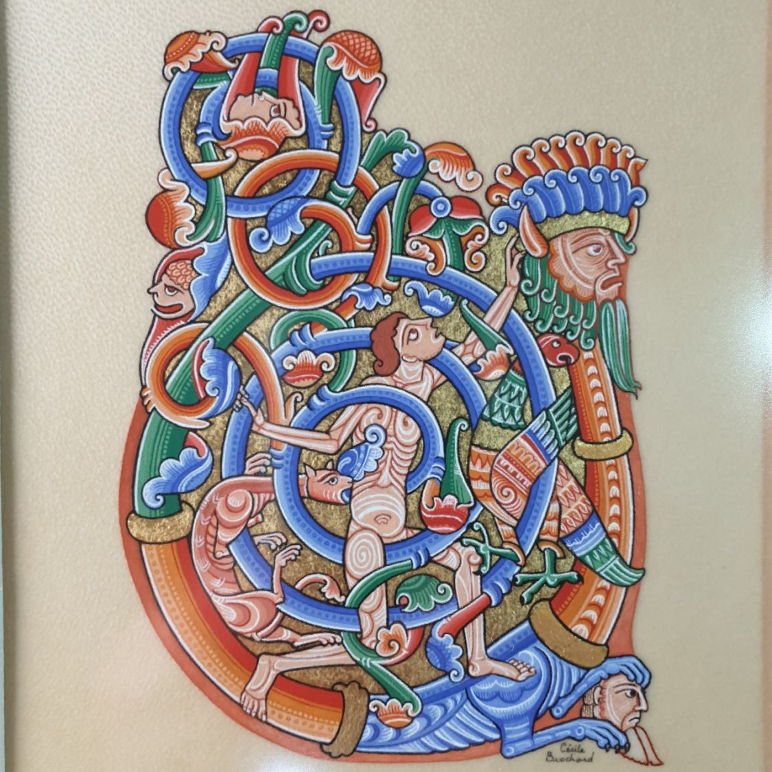 Romaanse verlichte letter U ingelijst