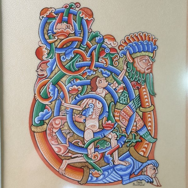 Romaanse verlichte letter U ingelijst