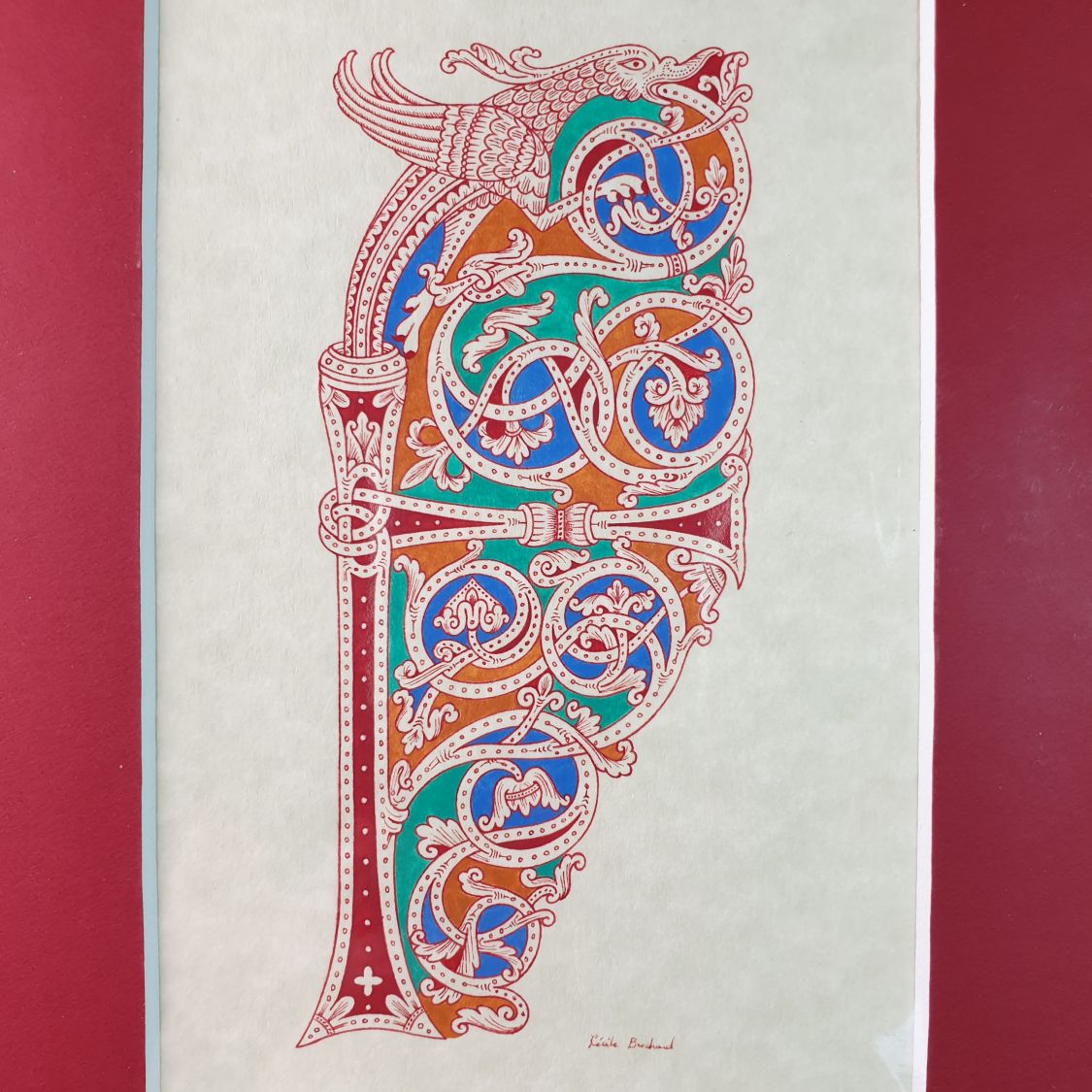 Verlichte letter F in Romaanse stijl