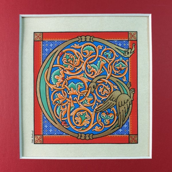 Verlichte letter G in Romaanse stijl