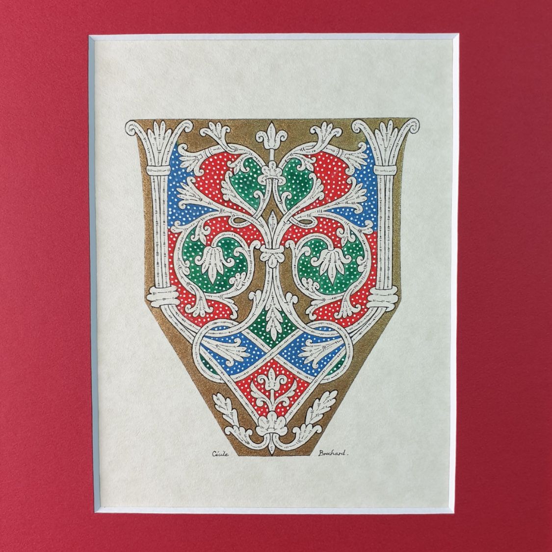 Verlichte letter V in Romaanse stijl