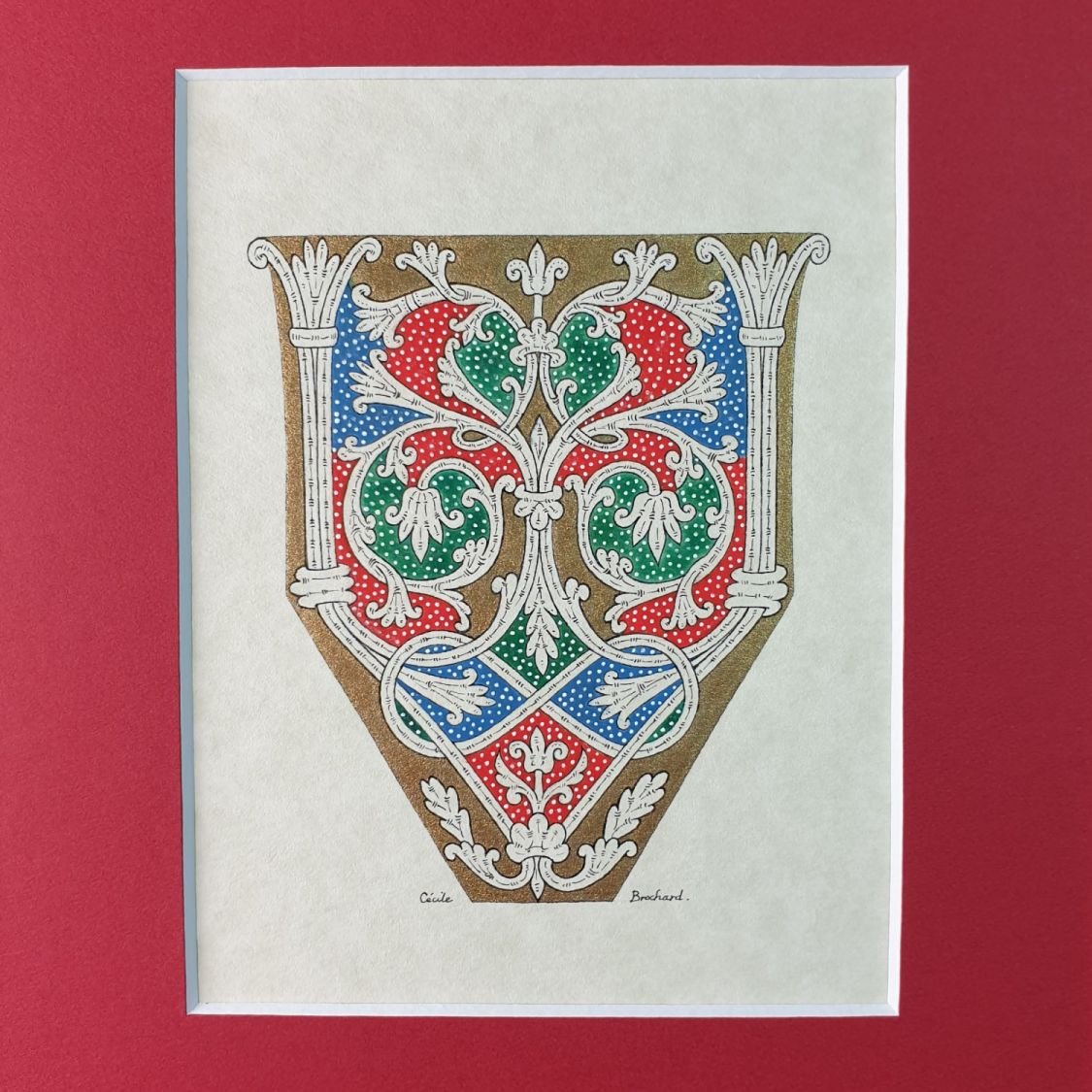 Verlichte letter V in Romaanse stijl