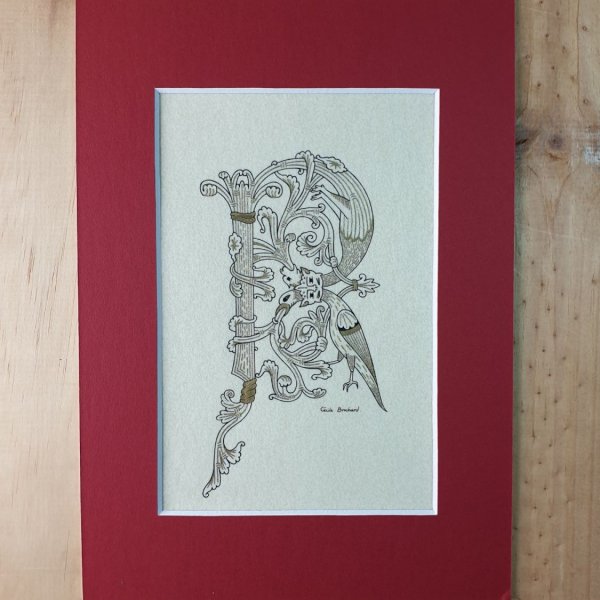 Verlichte letter R in Romaanse stijl