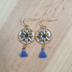 Gouden/blauwe bloem oorbellen