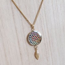 Collier pendentif fleur de vie et feuille or